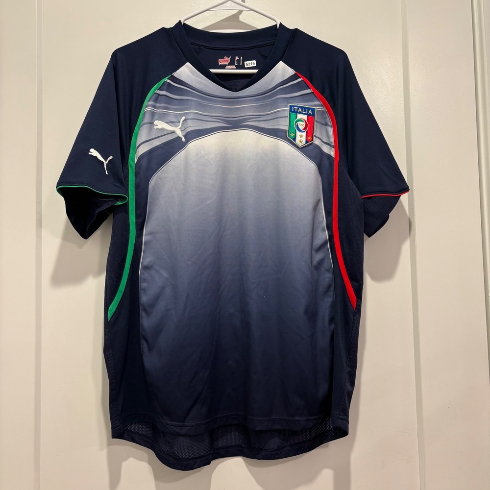 Puma Italy FIGC Soccer Jersey Mens Large Navy Blue Italia Graphic V-Neck Shirt
